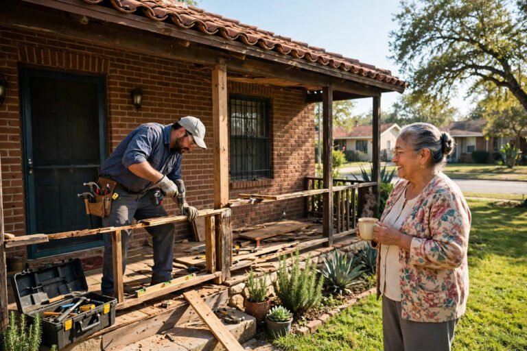 Contractor repairing the porch of a San Antonio home while the homeowner watches