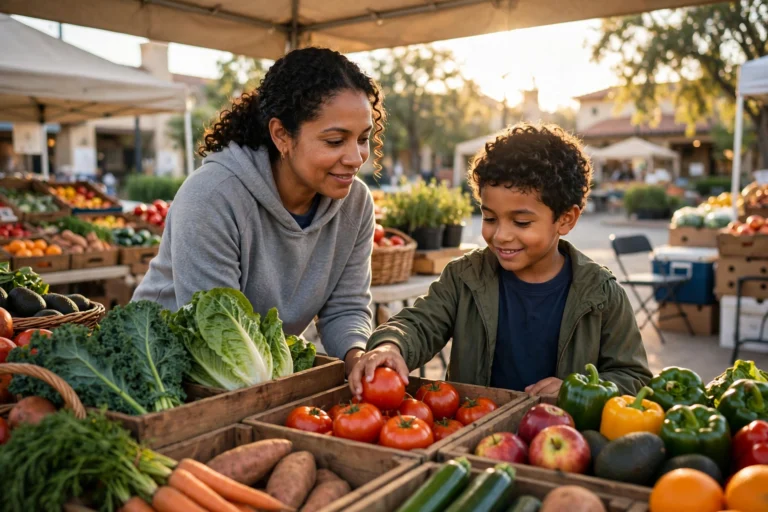 Mother and child shopping at an outdoor market