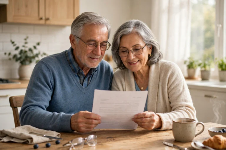 A senior couple reviewing a Medicare enrollment letter at their kitchen table