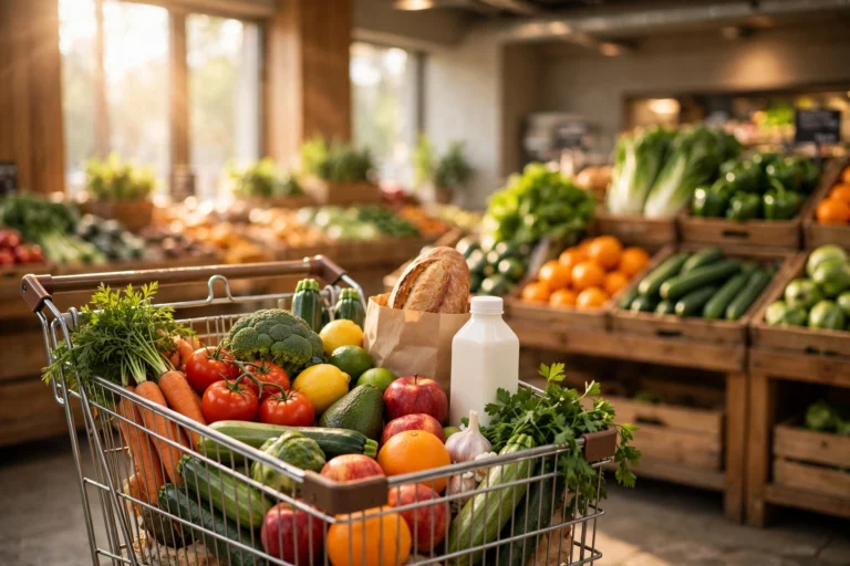 A grocery cart full of fresh vegetables, fruit, bread and milk in a bright store